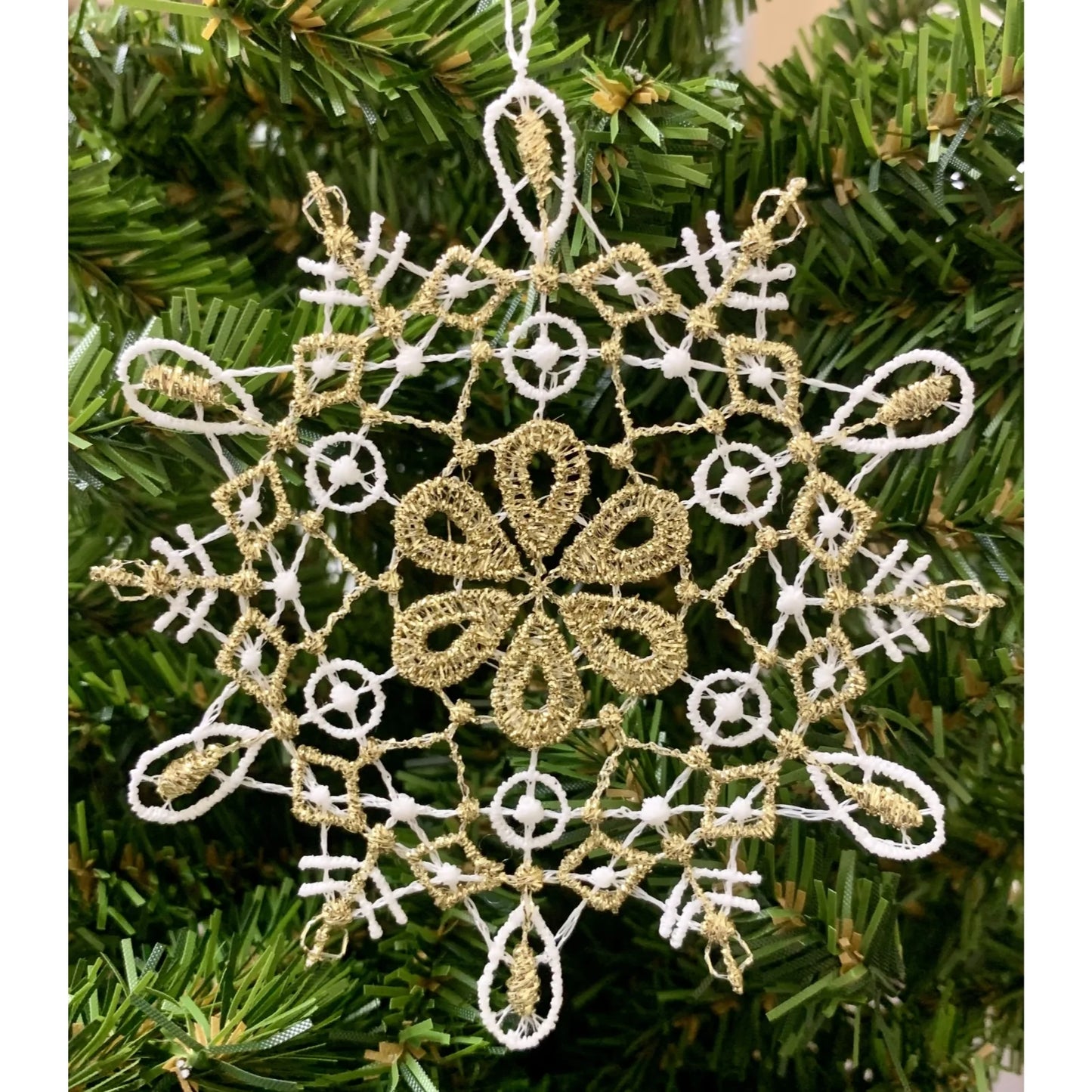 Gold and White Glitter Fancy 6 pt Snowflake