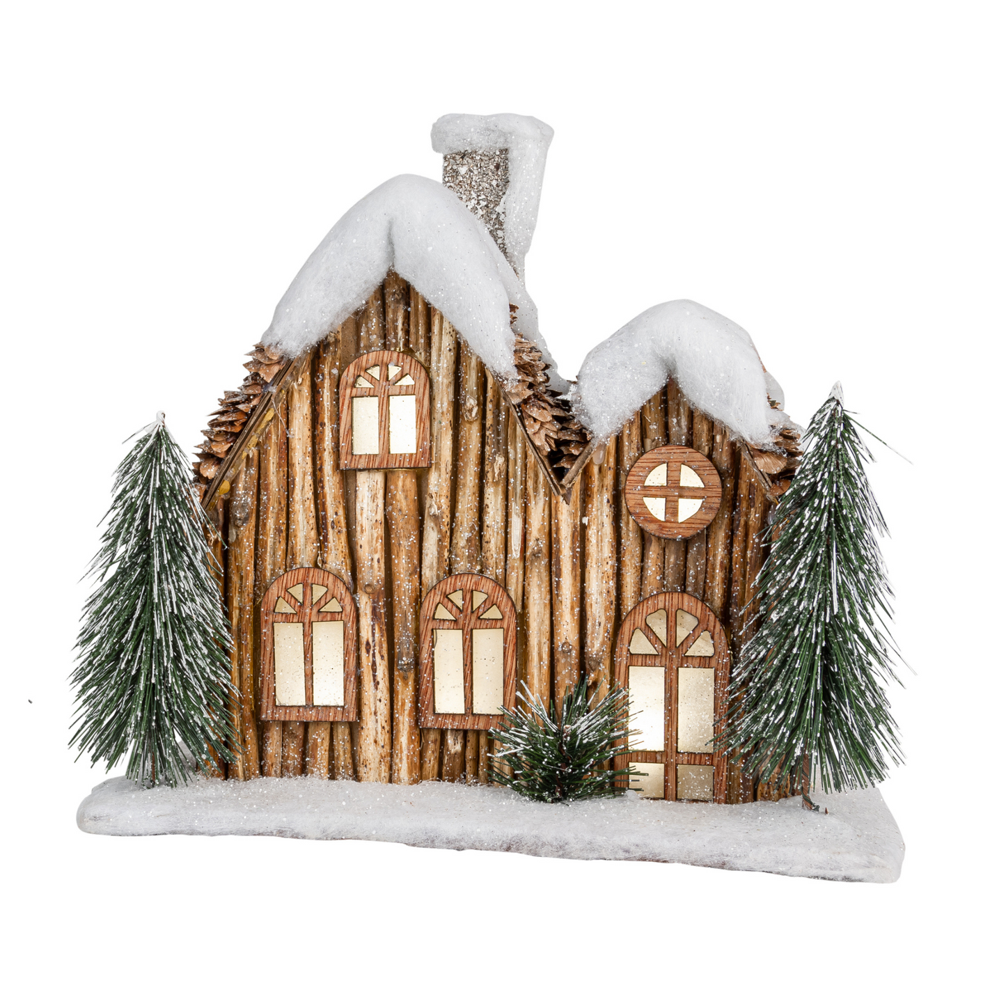 LED Log Cabin with Snow Capped Roof and Bristle Trees - Three Trees