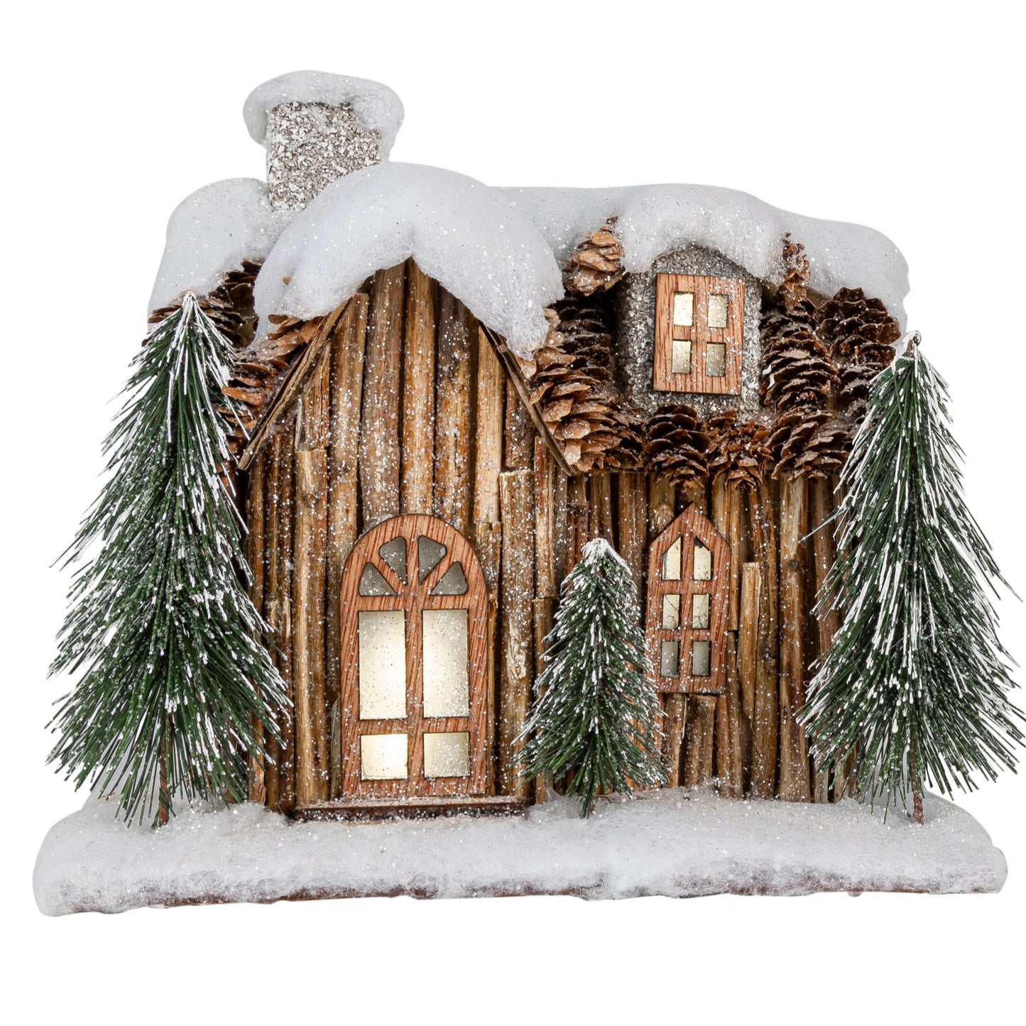 LED Log Cabin with Snow Capped Roof and Bristle Trees - Three Trees