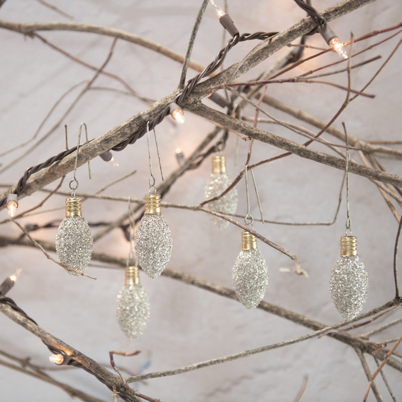Set/6 Silver Glass Glitter Bulbs