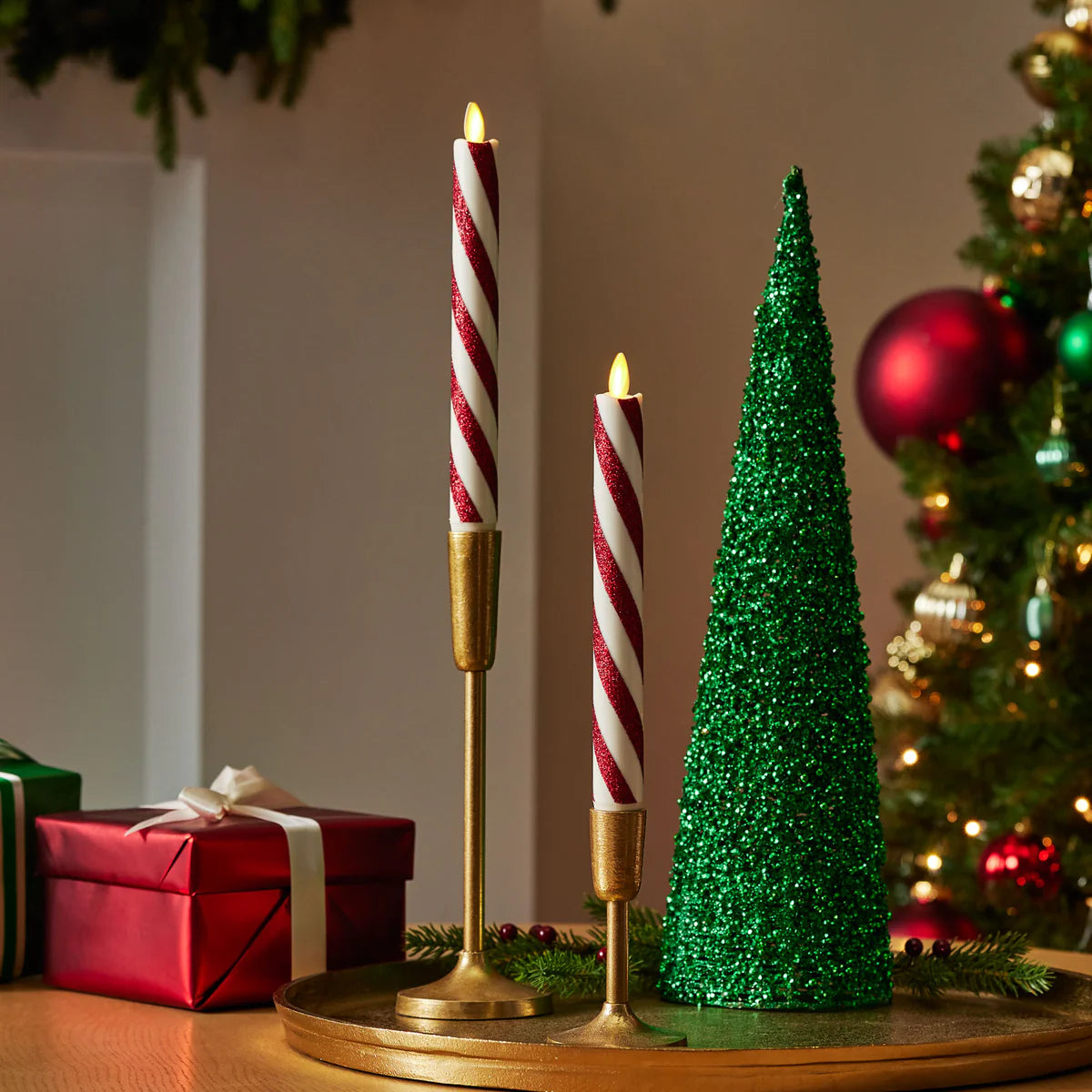 Luminara Taper Candles Candy Cane Red
