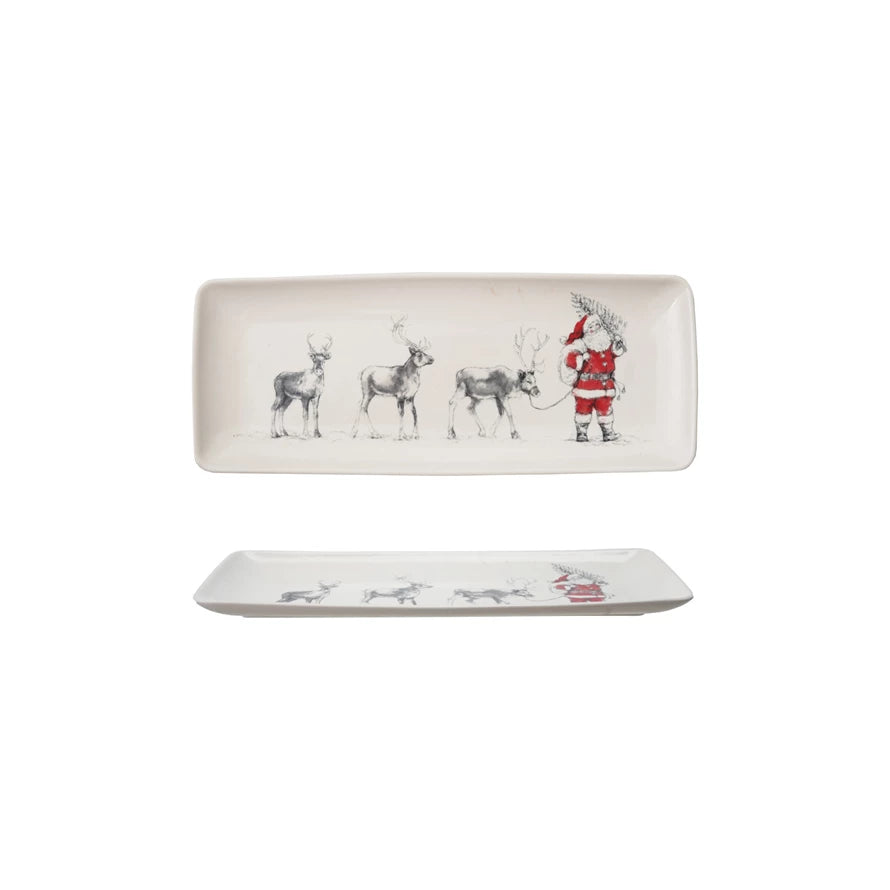 14" Stoneware Serving Platter Santa Leading Reindeer