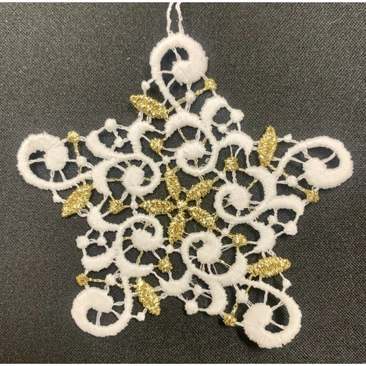 White and Gold Lace 5 pt Fancy Spiral Snowflake