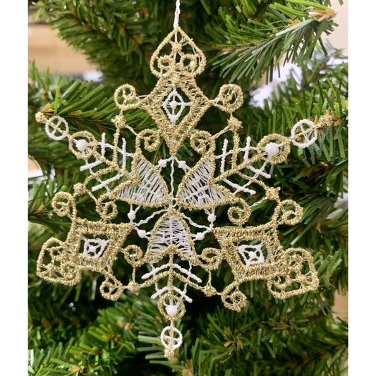 White and Gold Lace 6 pt Glitter Snowflake