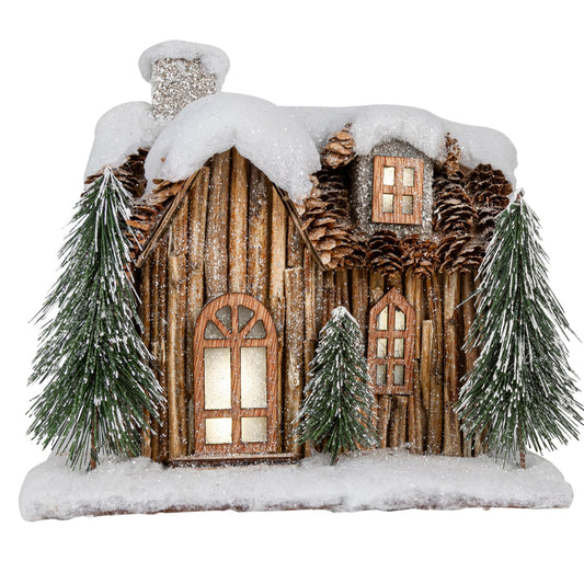 LED Log Cabin with Snow Capped Roof and Bristle Trees - Three Trees