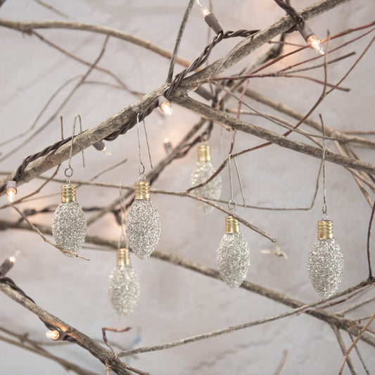 Set/6 Silver Glass Glitter Bulbs