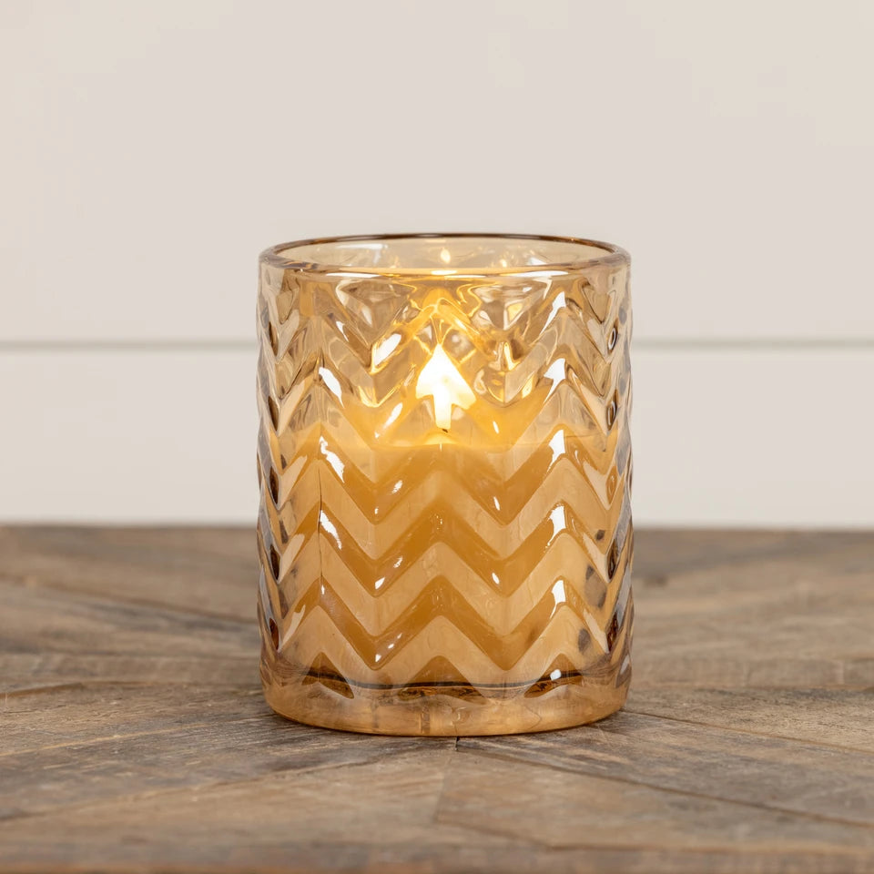 5" Champagne Chevron Glass 3D Flame Candle