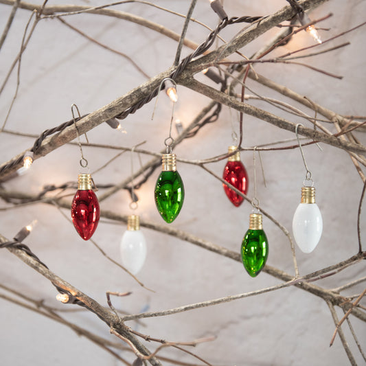 Set/6 Green, Red White Glass Bulbs