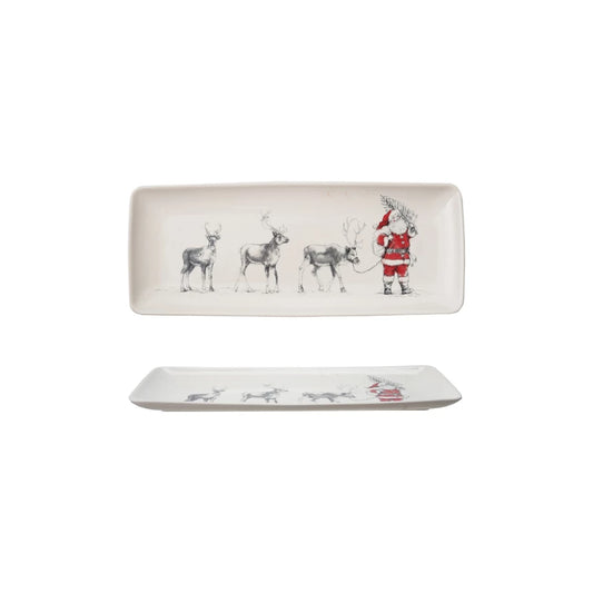 14" Stoneware Serving Platter Santa Leading Reindeer