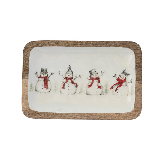 12" X 8 " Enameled Mango Wood Tray w/ Snowman